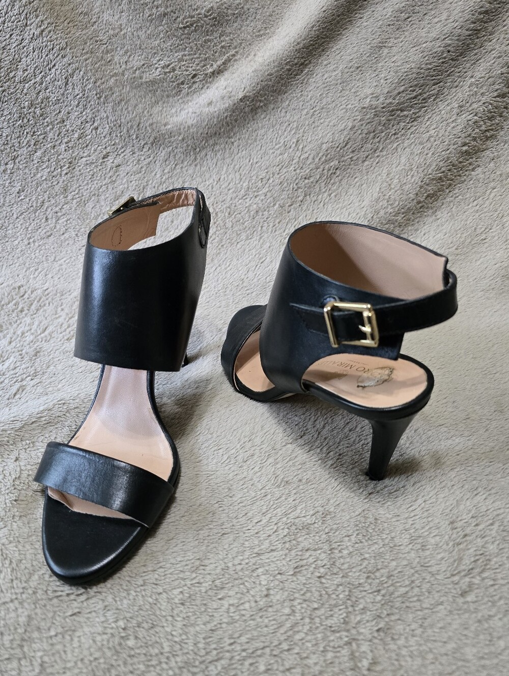 Pedro Miralles Black Leather Open-Toe Ankle Strap Heels Size 39